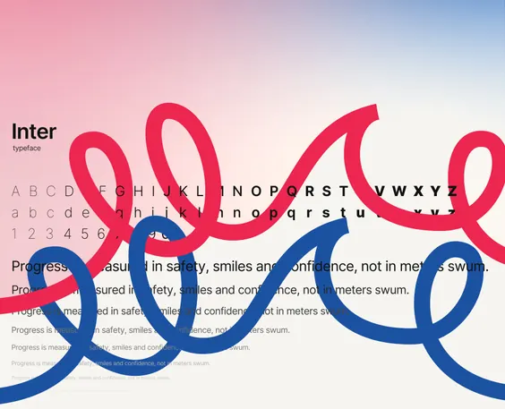 The Inter typeface specimen for Valuri, crossed by red and blue wave lines