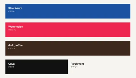 The Valuri colour palette: Steel Azure, Watermelon, dark coffee, Onyx and Parchment