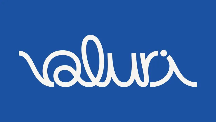 The white Valuri logo on Steel Azure blue